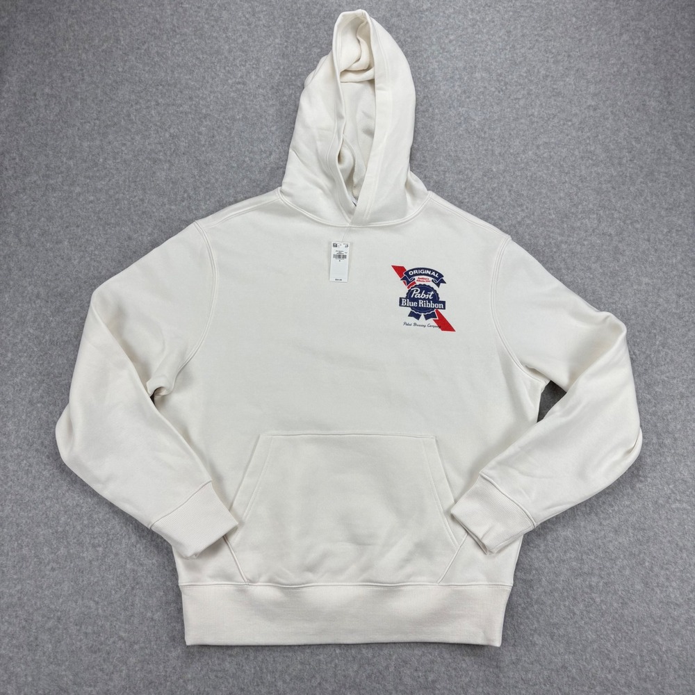 Pabst Blue Ribbon Hoodie Mens S White Graphic PBR Beer Merch Streetwear Festival
